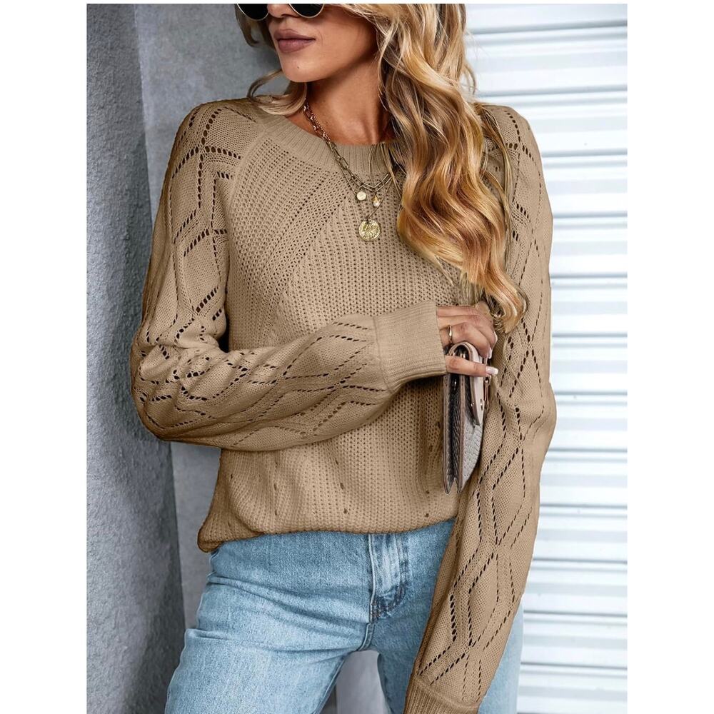 Cupshe Khaki Pointelle Knit Sweater NEW Large Crewneck Pullover